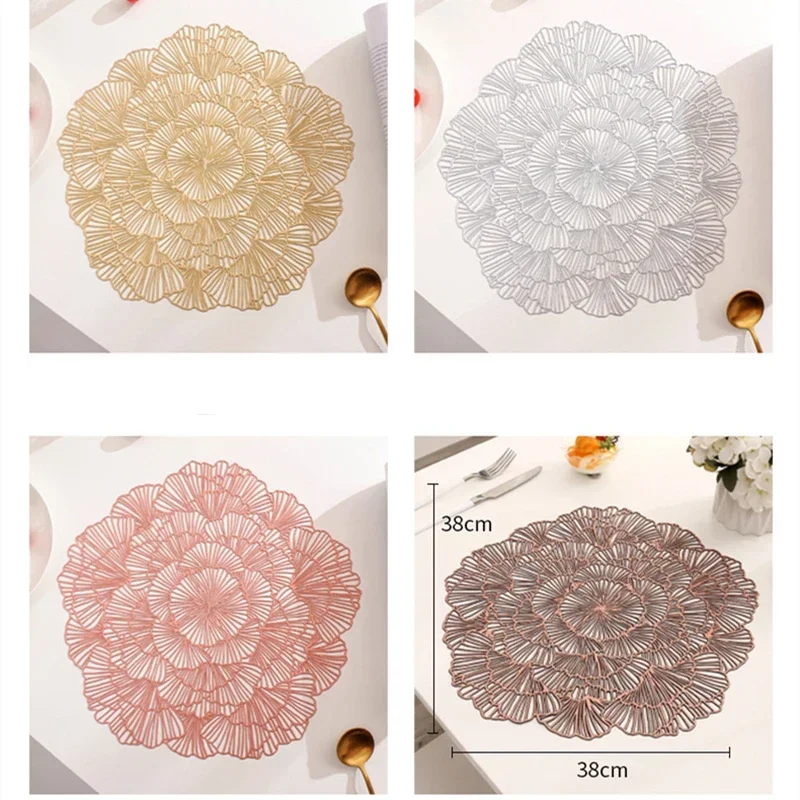 1PCS Flower ROSE Round Placemats Restaurant Hollow PVC Decoration Meal Mat Anti-hot Dining Table Line Mat Steak Plate Gold