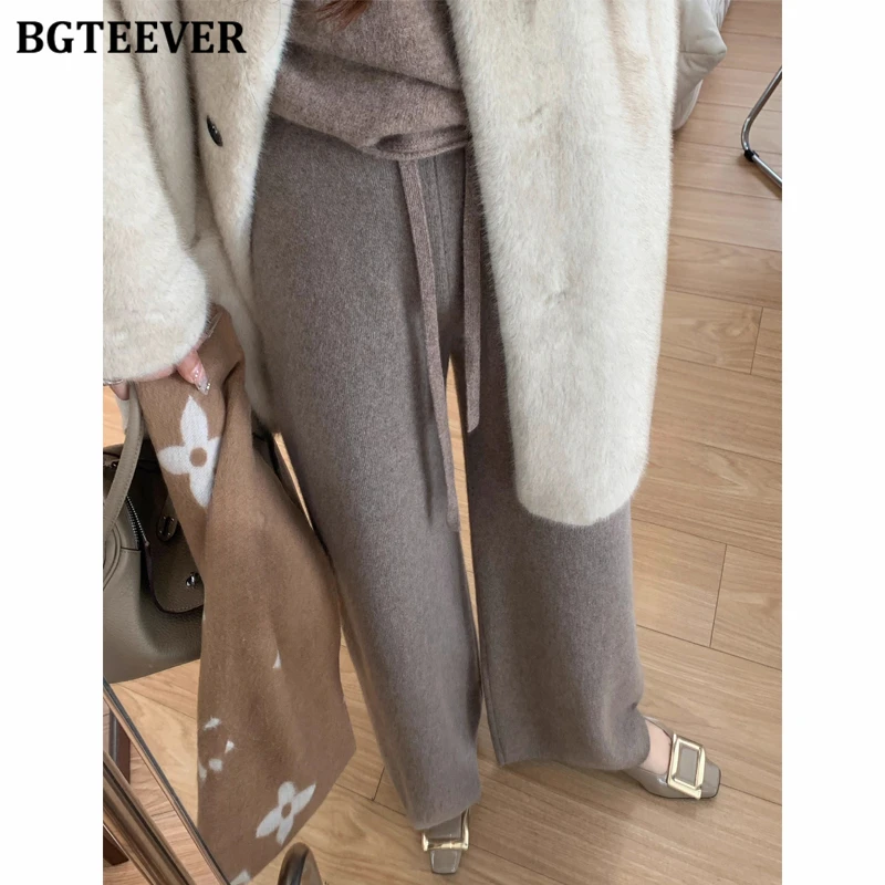 BGTEEVER Stylish Loose Floor-Length Wide Leg Sweater Pants for Women Autumn Winter High Waist Lace-up Female Knitted Trousers