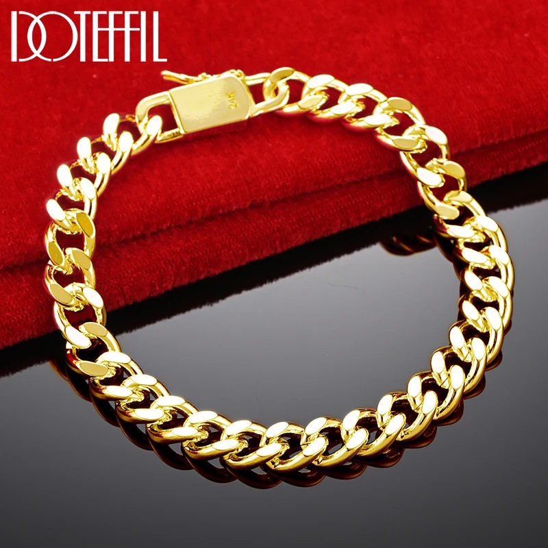 DOTEFFIL 18K Gold 8mm Sideways Bracelet Chain For Men Women Wedding Engagement Party Jewelry