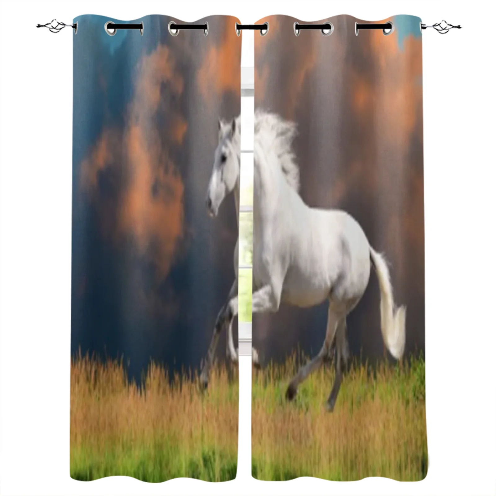 White Horse Running Gallop Summer Print Kitchen Curtain Window Treatment Living Room Office Decor Drape for Kid's Home Bedroom