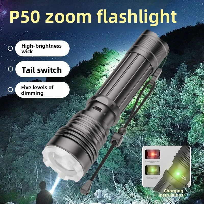 

P50 Zoom High Power Flashlight Strong Light Charging Long Battery Life Home Outdoor Mountaineering Camping Emergency Lighting