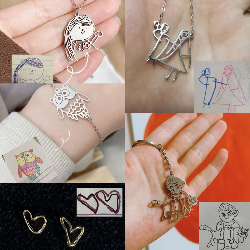 Personalized Custom Kids Drawing Necklace Bracelet Earrings Keychain Stainless Steel Children Artwork Jewelry Set Family Gifts