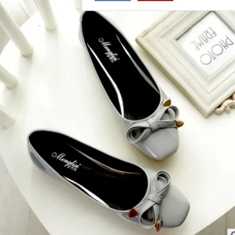 

Female Flats Square Toe Woman Patent Leather Loafers Bow Soft Sole Comfortable Ballet Shoes For Dance Grey Black Plus Size 43 41