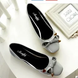 Female Flats Square Toe Woman Patent Leather Loafers Bow Soft Sole Comfortable Ballet Shoes For Dance Grey Black Plus Size 43 41