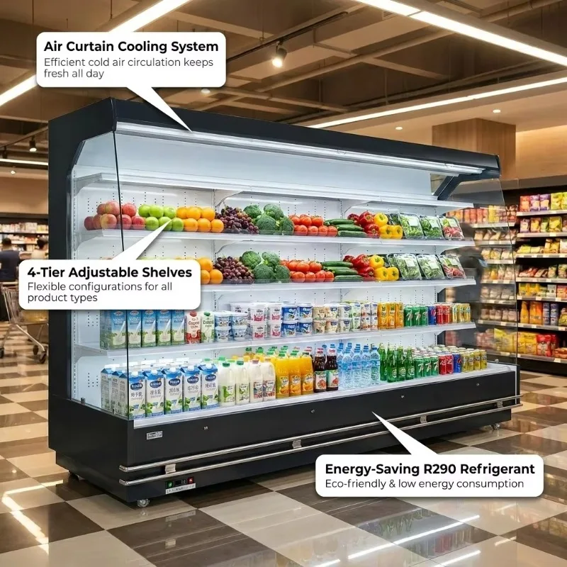 Vertical Open Front Air Cooling Refrigerated Showcase Commercial Display Chiller for Fruits Vegetables Food Storage Customized