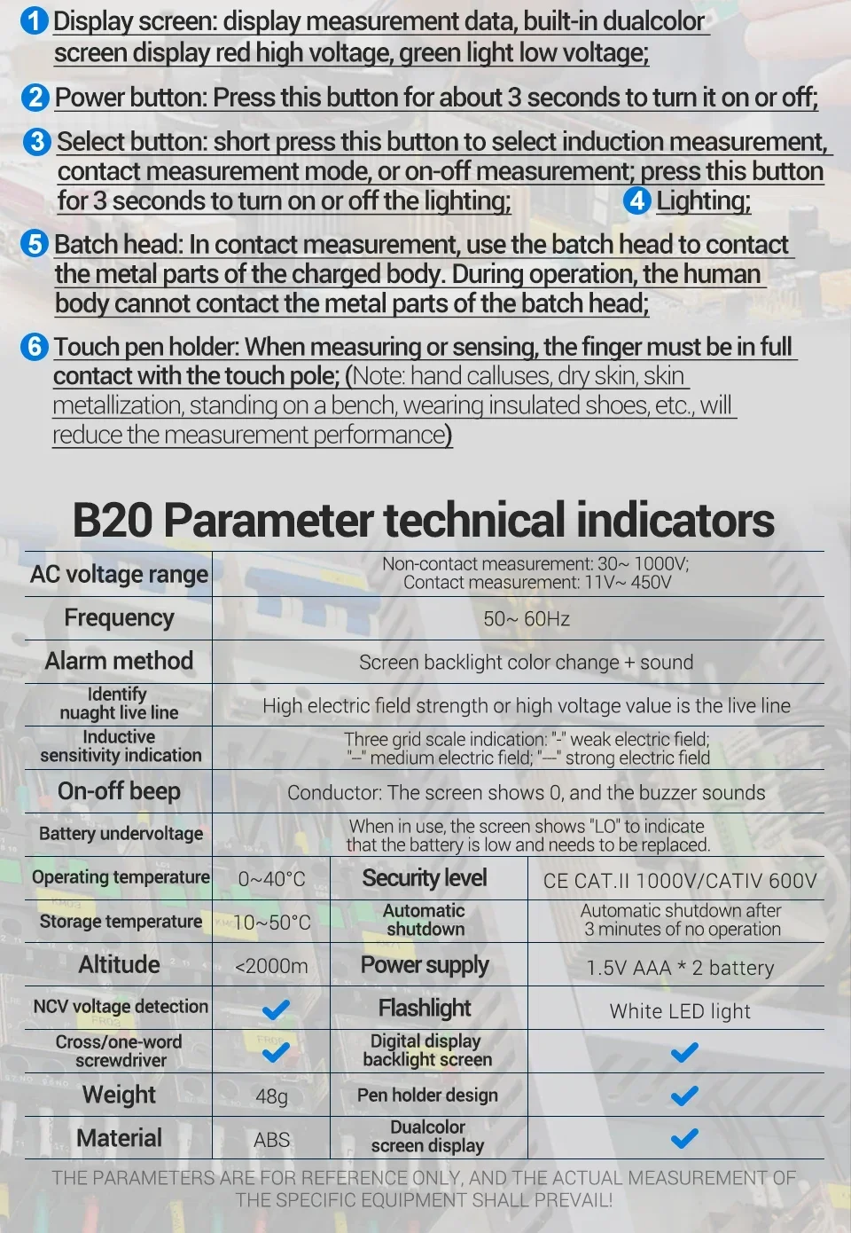 ANENG B20 Doppelkopf-Schraubendreher, intelligente Erkennung, 11 V ~ 450 V AC-Spannungserkennung, Schlitz-Kreuz-Digital-Meter-Teststift mit doppeltem Verwendungszweck – Detail 12