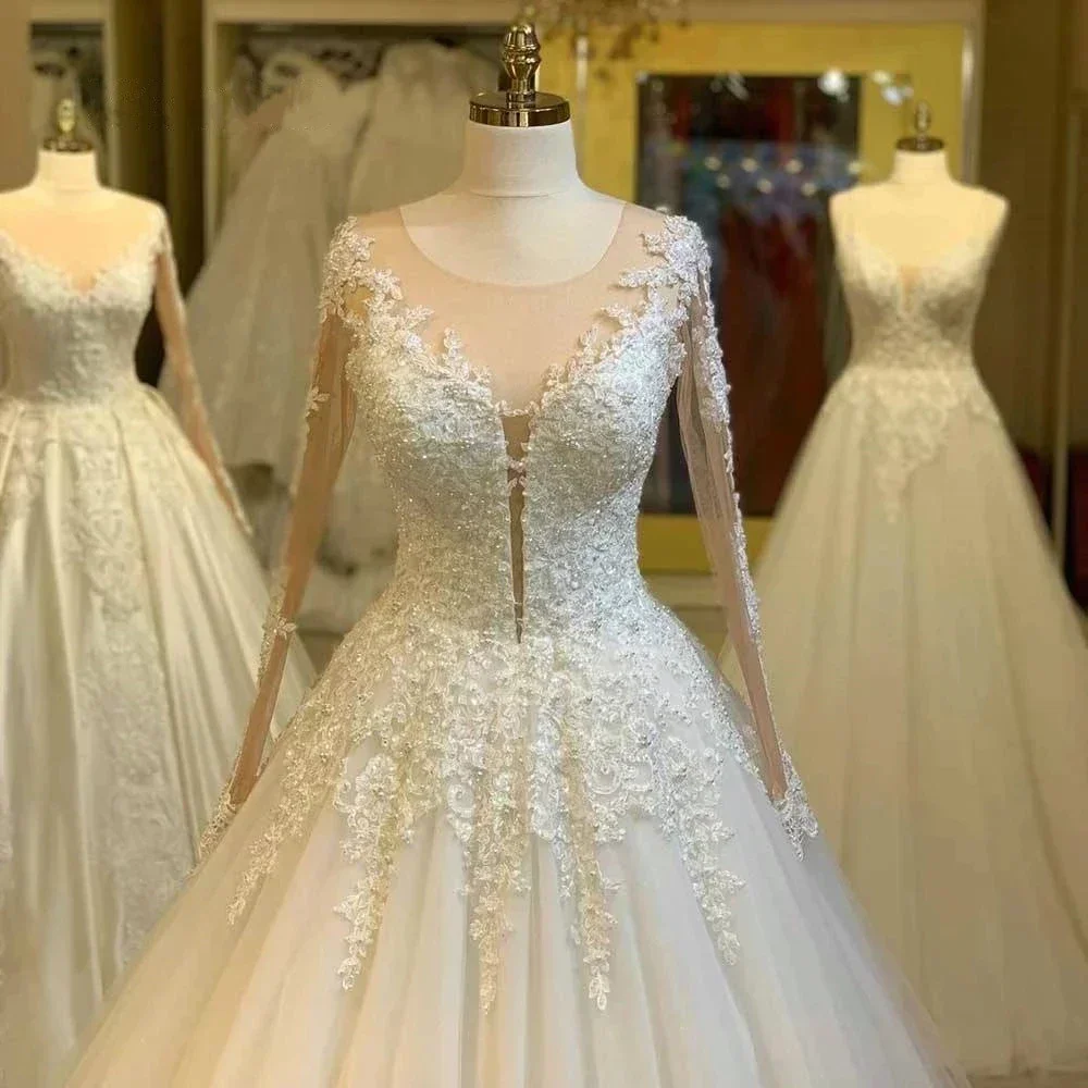 Maßgeschneidertes modisches Ballkleid-Hochzeitskleid mit langen Ärmeln, Vestidos De Noiva, Spitzenapplikationen, Sweep-Zug, formelles Brautkleid