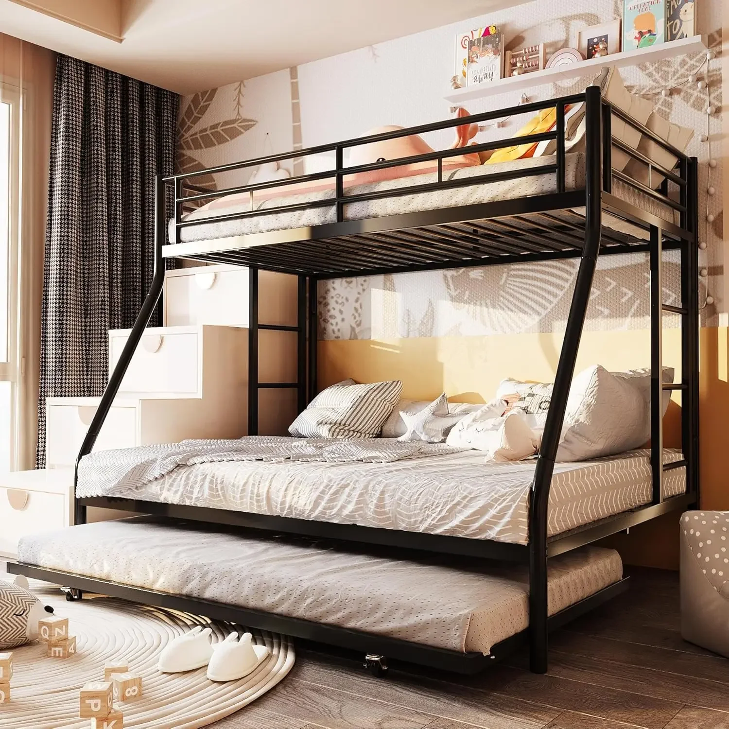 SUNLEI Bunk Bed Twin Over Full with Trundle, Twin Trundle Bed with Daybed, Metal Bunk Bed with 2 Secured Ladders, Safety Guard,