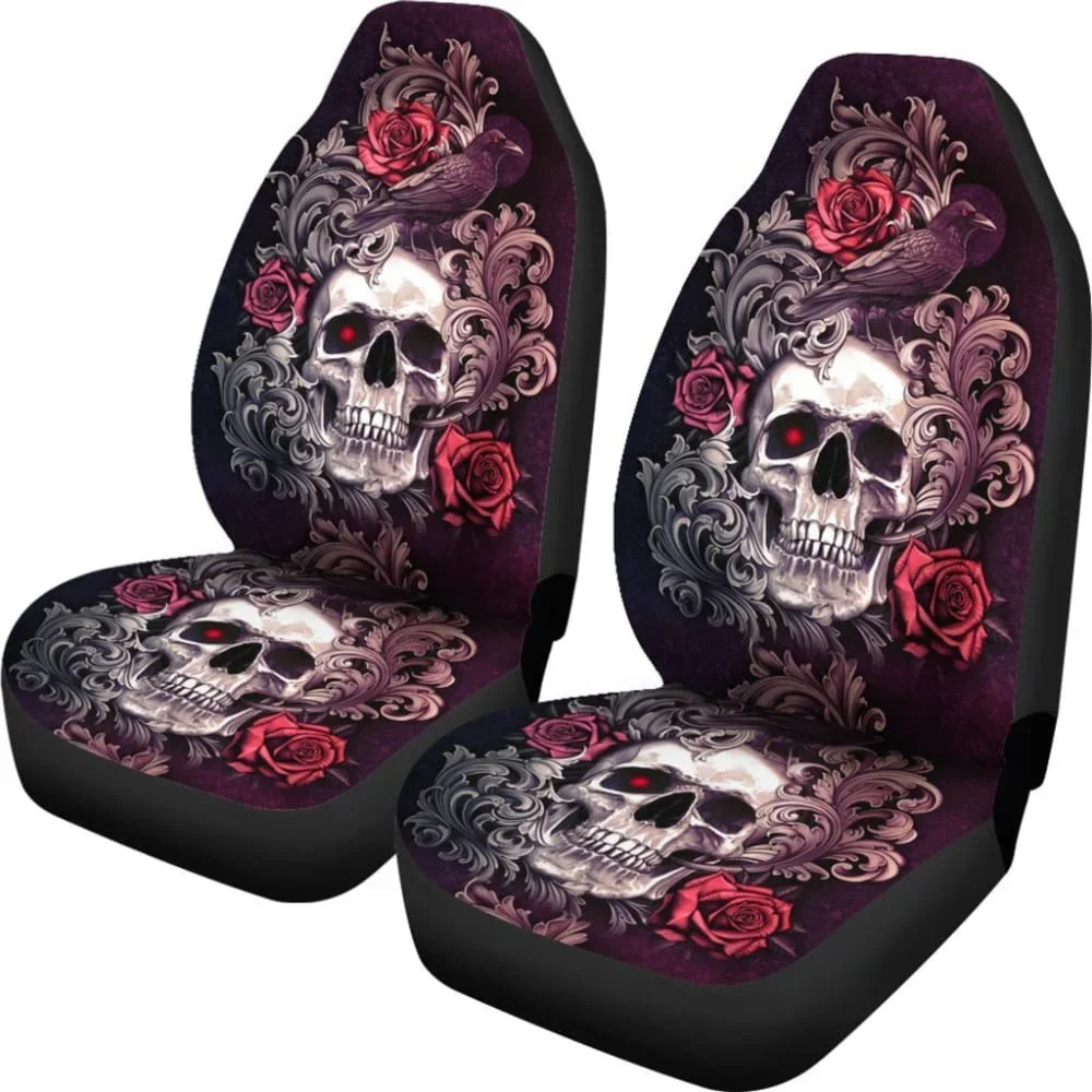 2 Pcs Gothic Skull Floral Rose Car Seat Covers,Pack of 2 Universal Front Seat Protective Cover