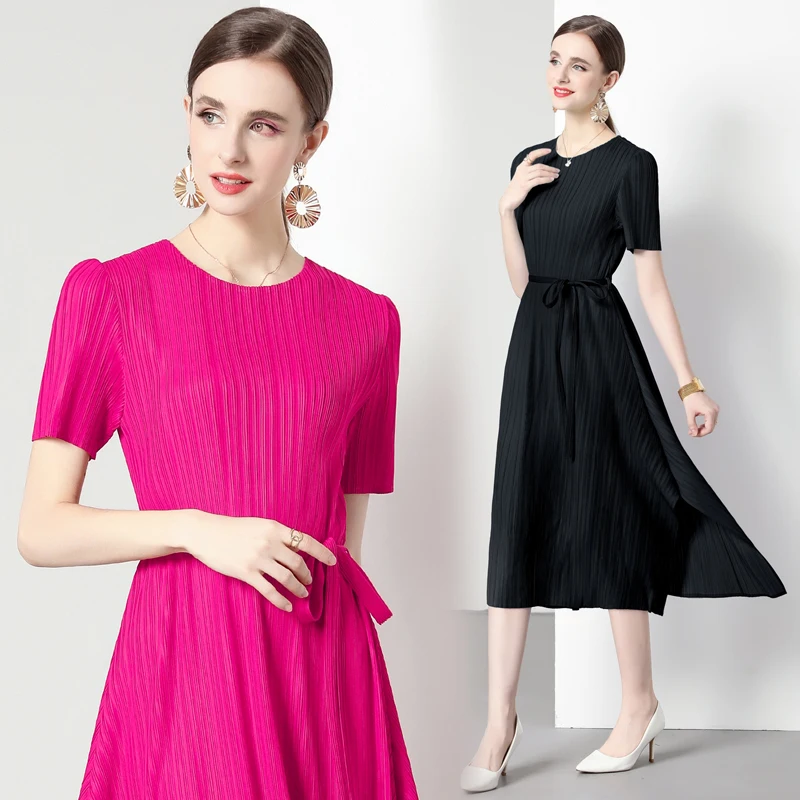 Miyake Pleated Ladies Solid Color Girlish Wind Tether Waist Slim Dress Solid Color Long Skirt Five-point Sleeve A-line Skirt