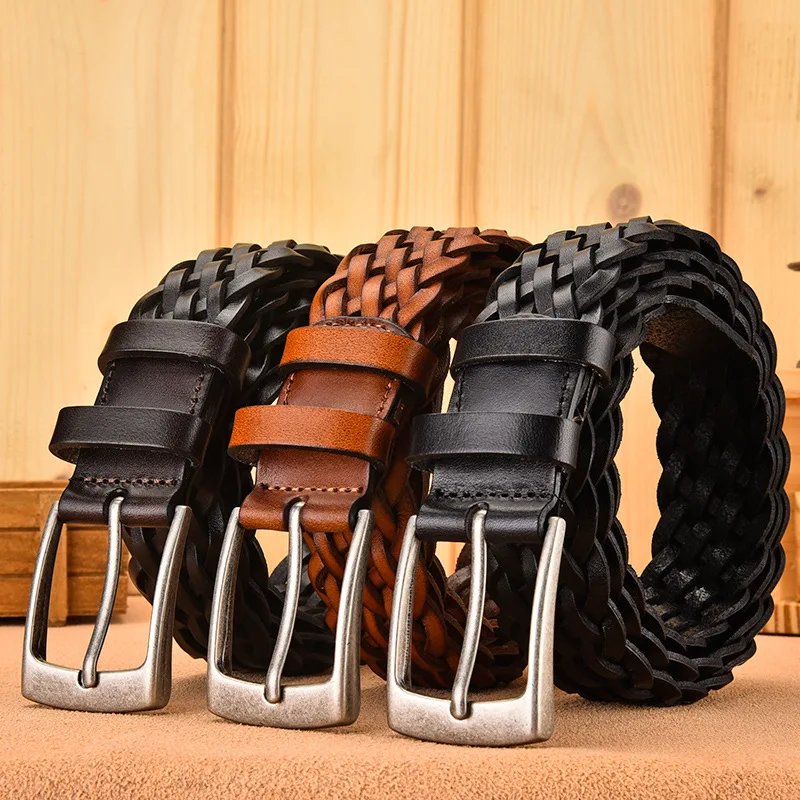 3.4cm Width Brown Real Cowhide Braided Belt Casual Needle Buckle Head Layer Hollow Hand Woven Fashionable Personalized Trouser