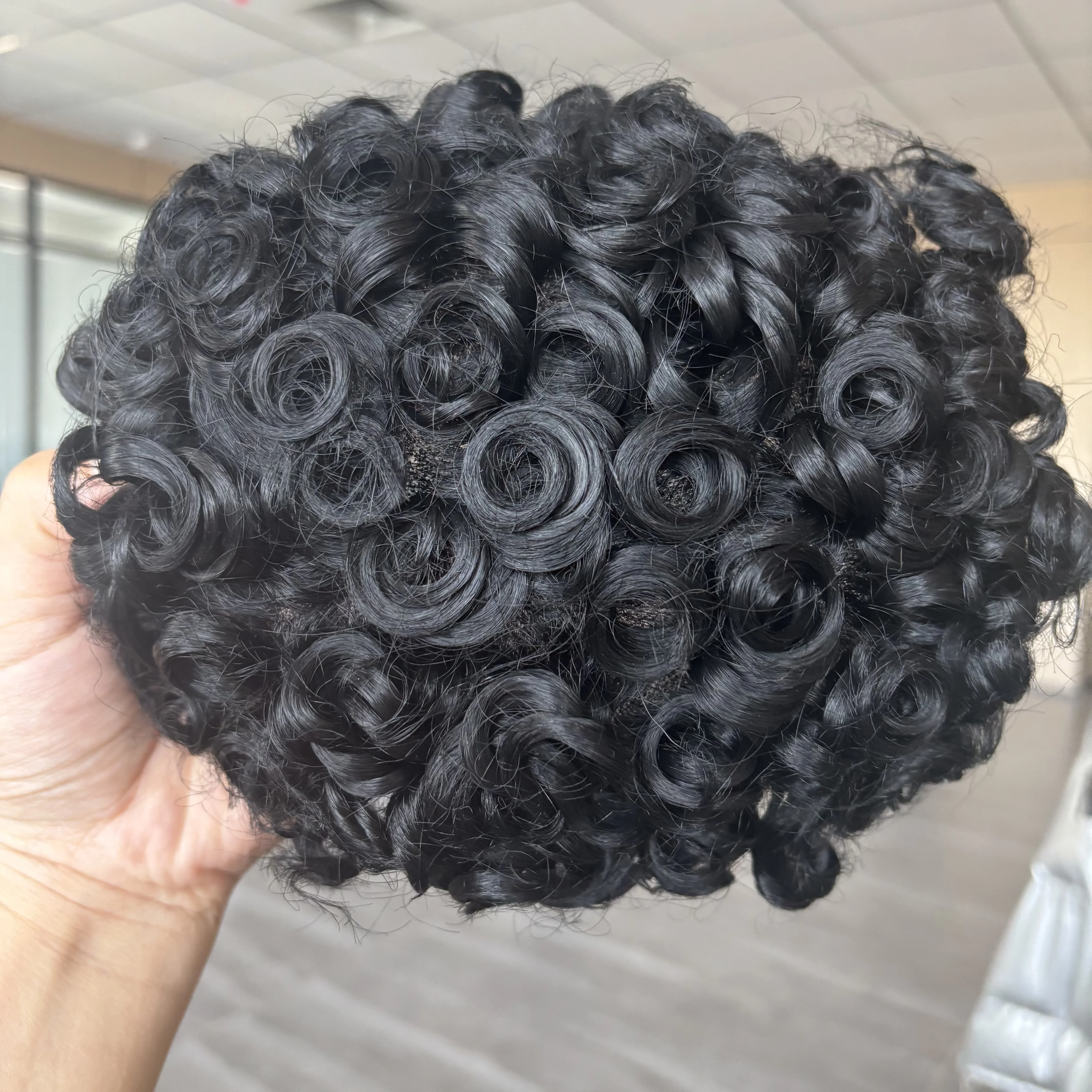 شعر ذكر غير قابل للاكتشاف 18 مللي متر شعر مستعار مجعد نظام استبدال 100% شعر بشري شعري صناعي خط شعر طبيعي للرجال شعر مستعار