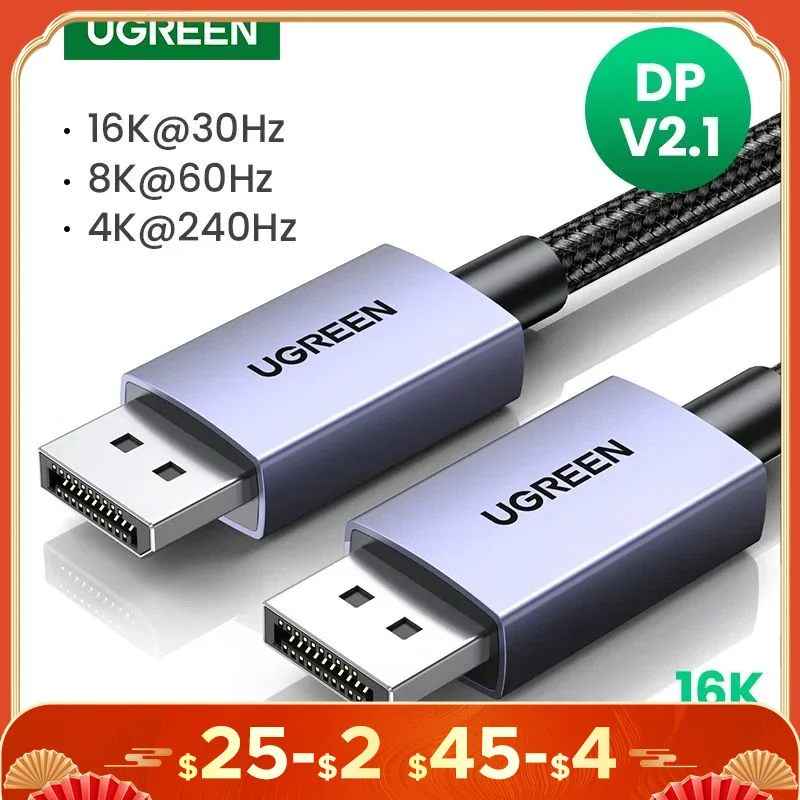 Cabo de áudio de vídeo UGREEN 16K Displayport DP2.1 8K 4K144Hz para Xiaomi TV Box PC Laptop Monitor Jogo DP Cable Display Port
