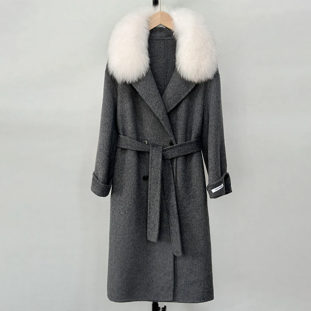 

Elegant Woolen Jacket Women Autumn Natural Real Fox Fur Collar Outerwear New Winter Cashmere Wool Blends Coat Long Fur Jacket