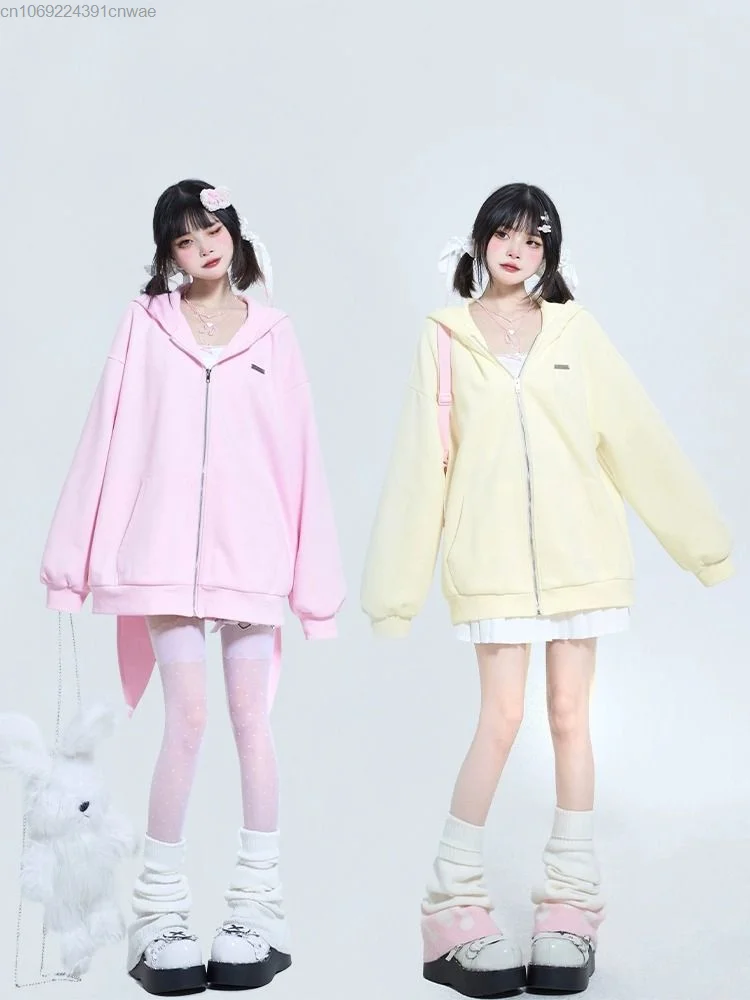 Autumn And Winter New Rabbit Big Ear Hooded Sweater Coat Oversize Zipper Cardigan Hoodie Jacket 2000s Lolita Korean Zip Up Tops