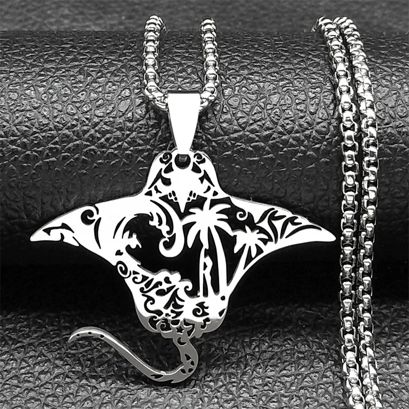 Cute Manta Ray Sea Devil Fish Pendant Necklace For Women Men Stainless Steel Gold Silver Color Coconut Tree Nature Chain Jewelry