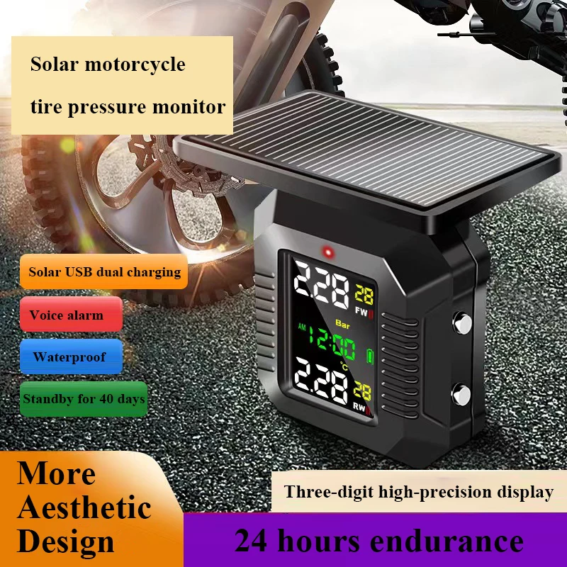 

Motorcycle TPMS Solar Power Tire Pressure Monitoring System Colorful Display Temperature Alarm Sensor Alarm System TPMS Moto