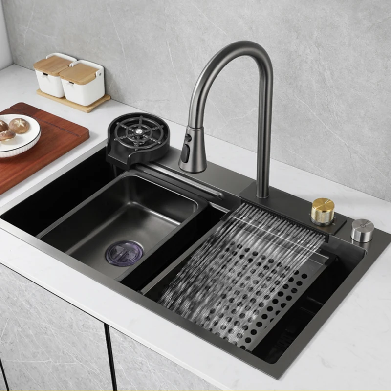 

Kichen Sink Waterfall Faucet Nano Black Stainless Steel Topmount Single Bowl Wash Basin with Chopping Board Drain Accessories