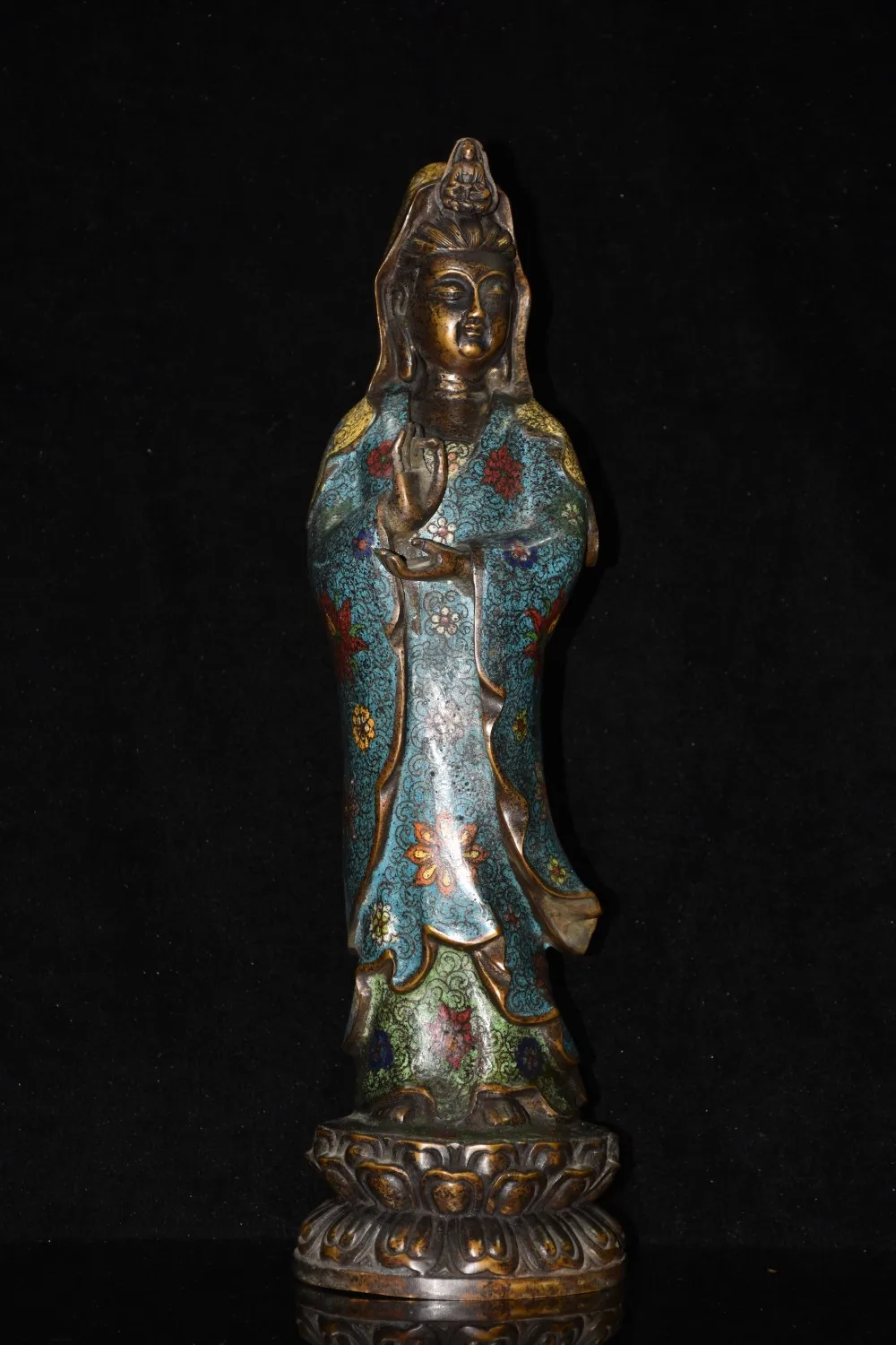 

20"Tibetan Temple Collection Old Bronze Cloisonne Enamel Guanyin Bodhisattva lotus Standing Buddha Worship Hall Town house