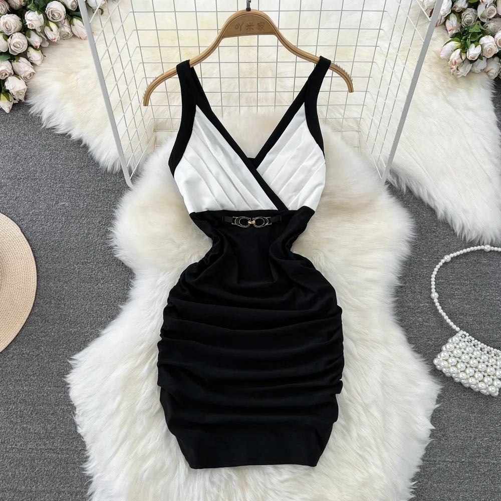 Summer Women Color Match Spaghetti Strap Bodycon Dress Sexy V Neck Sleeveless Slim High Waist Pleated Club Party Dress Vestidos