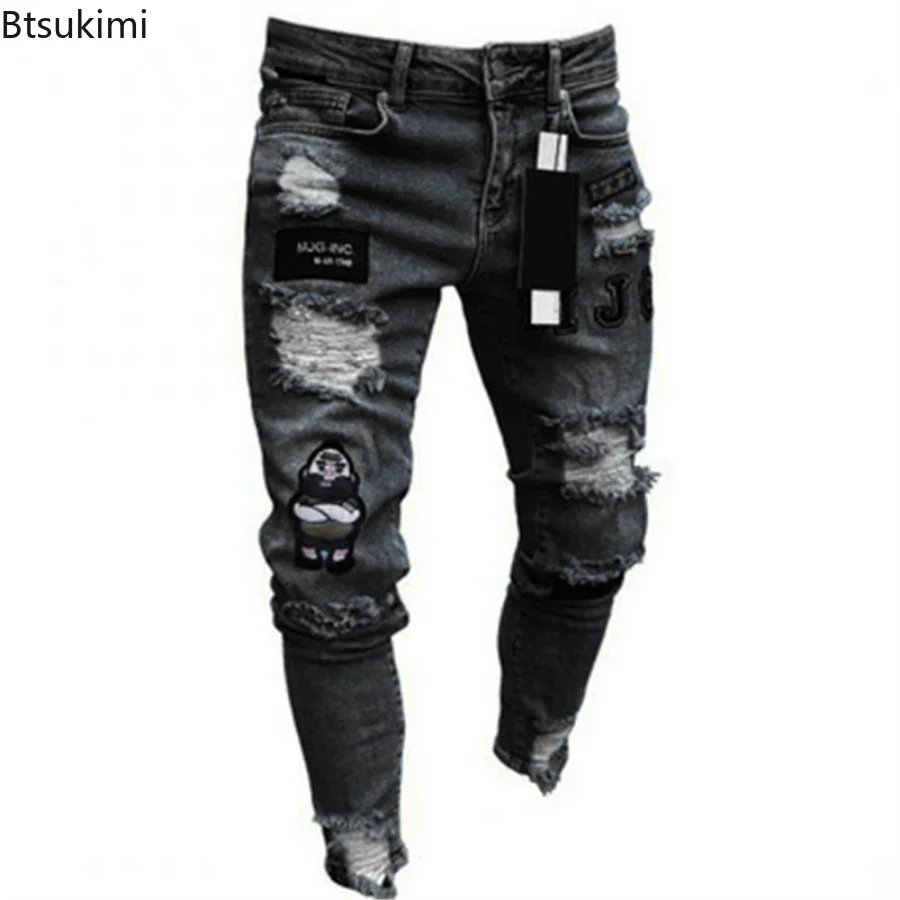 Jeans Pria Celana Denim Skinny Stretch Robek Lubang Lutut Celana Panjang Slim Fit Gaya Hip-Hop Musim Gugur Biru Hitam Solid S-4XL