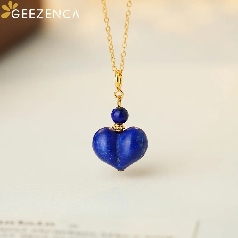 GEEZENCA Blue Lapis Lazuli 925 Sterling Silver Puffy Heart Pendant Necklace Women Simple Trendy Love Necklace Gift For Her