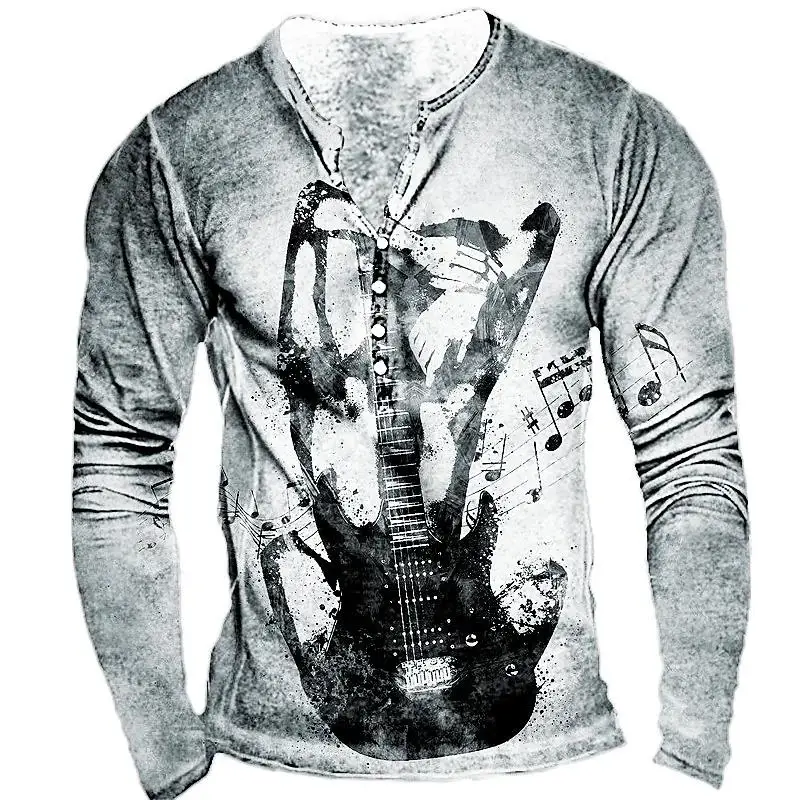 2024 Vintage T-Shirts Men's Shirt Guitar Graphic Print Long Sleeved Tops 5xl Button V Neck Tees Fall Oversized T Shirt For Man