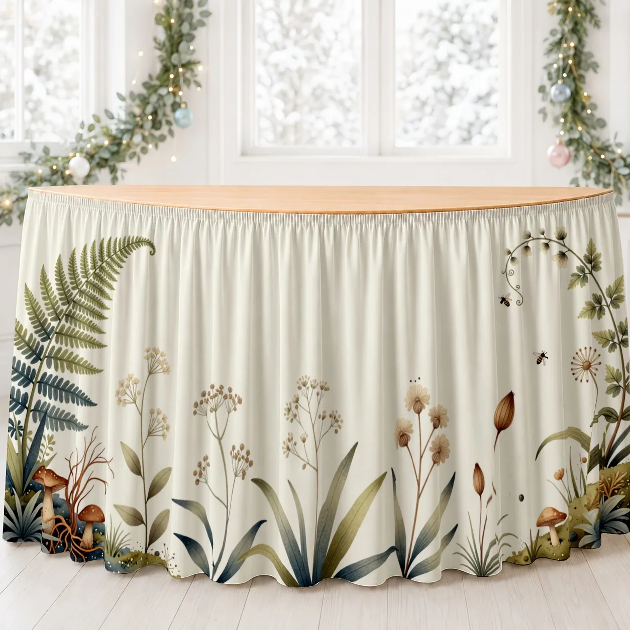 One table skirt. Garden-themed printed table skirt. Polyester. Natural inspiration. Moss, mushrooms, wild flowers dandelions.xzj