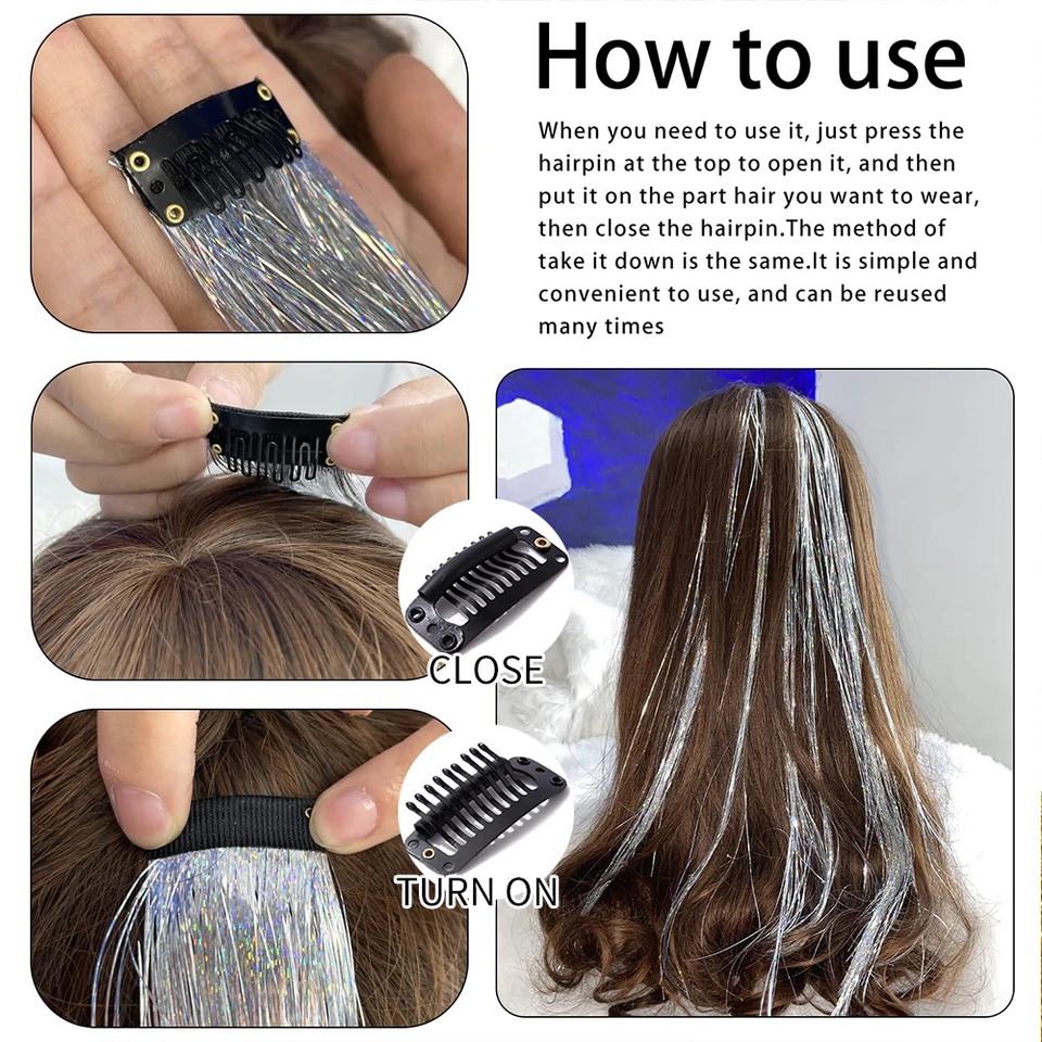 Kit de 6 piezas de tinsel para cabello con clip, brillantina, para fiestas y hadas 5