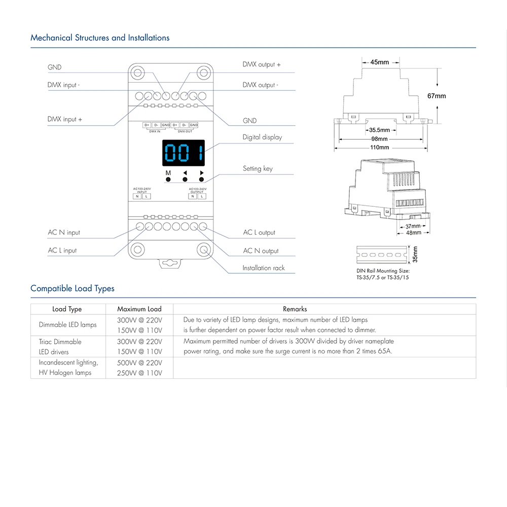 

Skydance S1-D1 AC100-240V 1CH * 2A Светодиодный диммер DMX с фазовой резкой, цифровой дисплей, триак на DIN-рейке, контроллер RDM для светильников с регулируемой яркостью