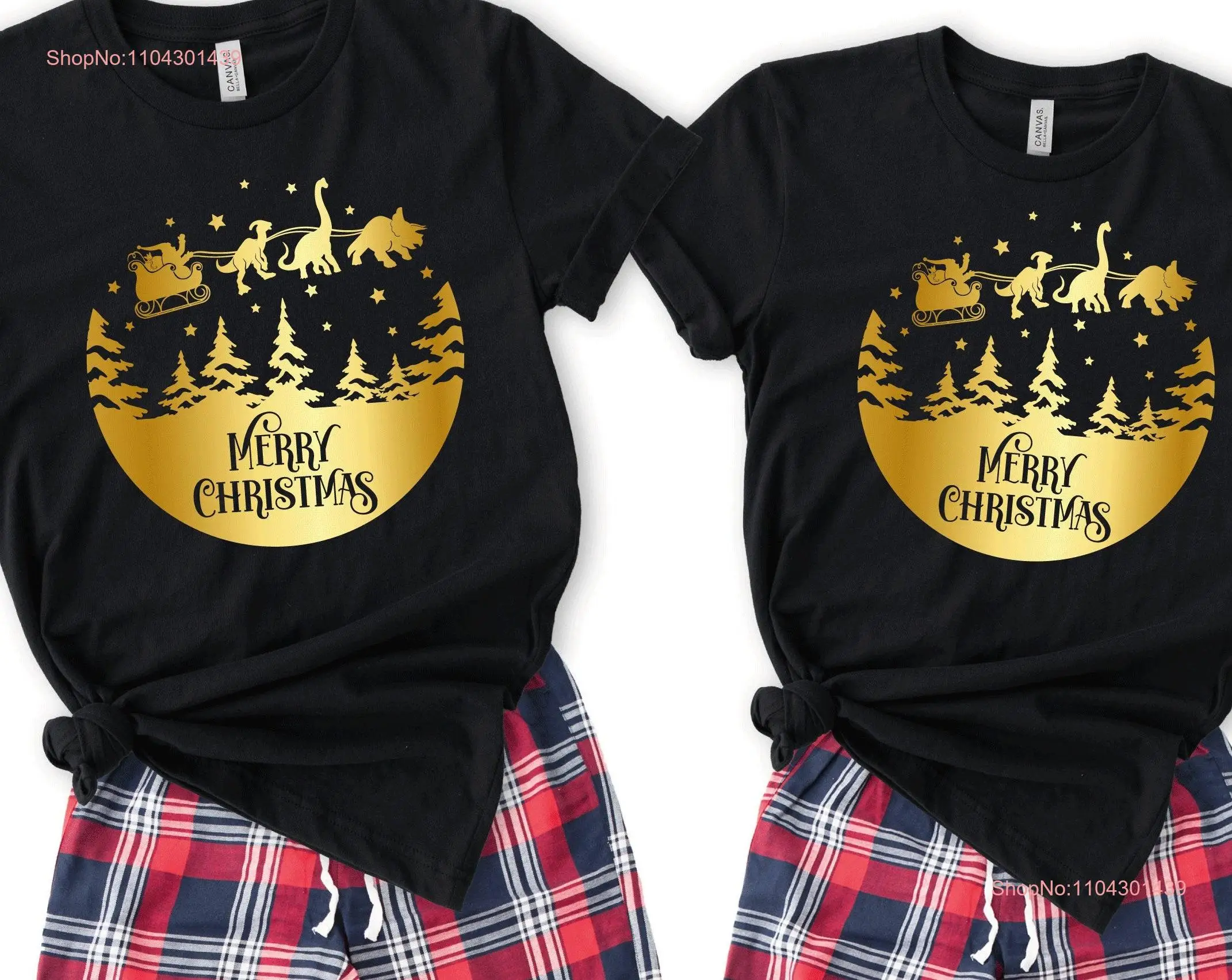 Family matching Tartan Lounge Pants Pyjama set with Personalised Christmas Desig in the T shirt Merry and Tree Familly