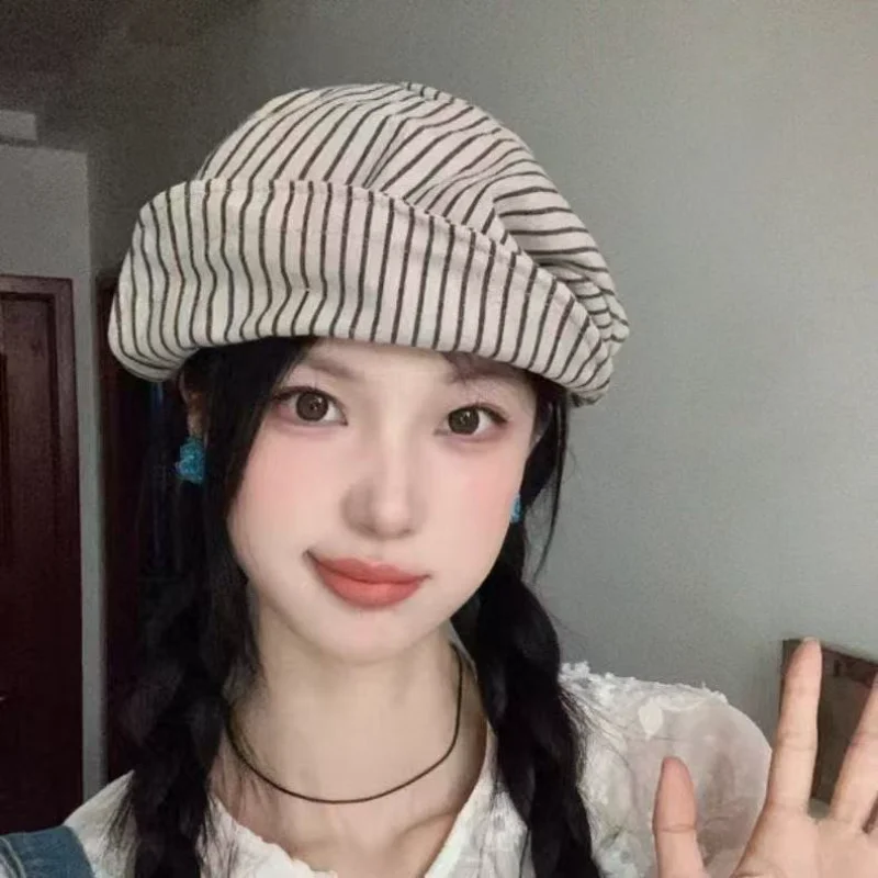 Women Striped Cotton Linen Beret Retro Octagonal Painter Hat Literary Casual Newsboy Cap Face Slim Fashion Headwear