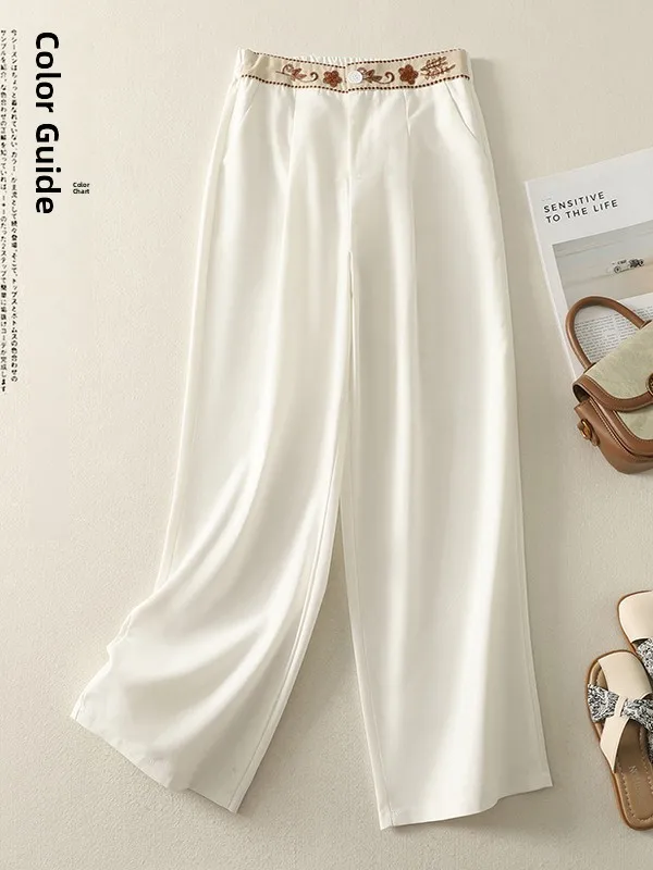 Ele Hose mit hoher Taille, bestickt, weites Bein, lockere Passform, lässig, schmal, gerade, lange Hose für Damen in Übergröße, Sommerkleidung