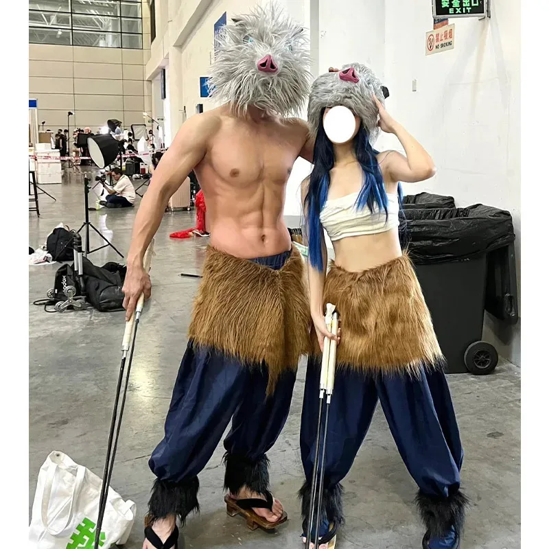 Kostum Cosplay Anime Hashibira Inosuke Kimetsu No Yaiba Paket Wig Hashibira Inosuke Celana Gaun Mewah dan Masker Apron