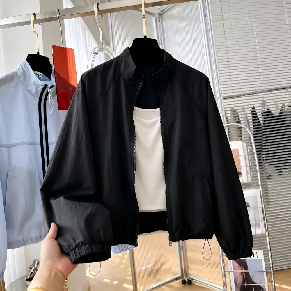 Women's Summer 2026 New Lazy Style Casual Fashion Thin Stand Collar Sun Protection Coat Long Sleeve Zipper Closure Polyester