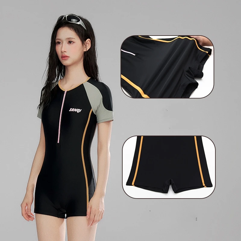 Women Professional WaterProof Front Zipper Push Up Bathing SwimWear Female Front Zip One Piece Quick-Dry Surfing Beach SwimSuit