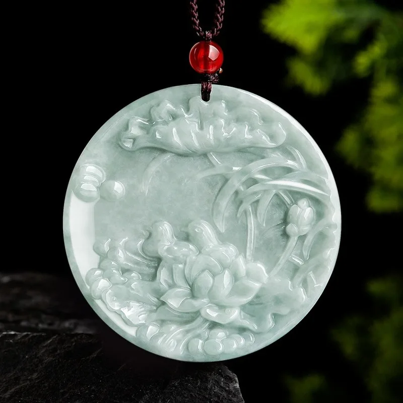 

Real Natural Grade A Jade Jadeite Men Women Lucky Duck Lotus Flower Leaf Round Pendant