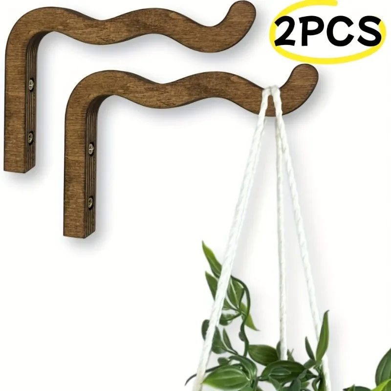 2pcs Wooden Wavy Wall Hooks for Hanging Plants, Decorative Wall Mount Plant Hanger for Indoor Use