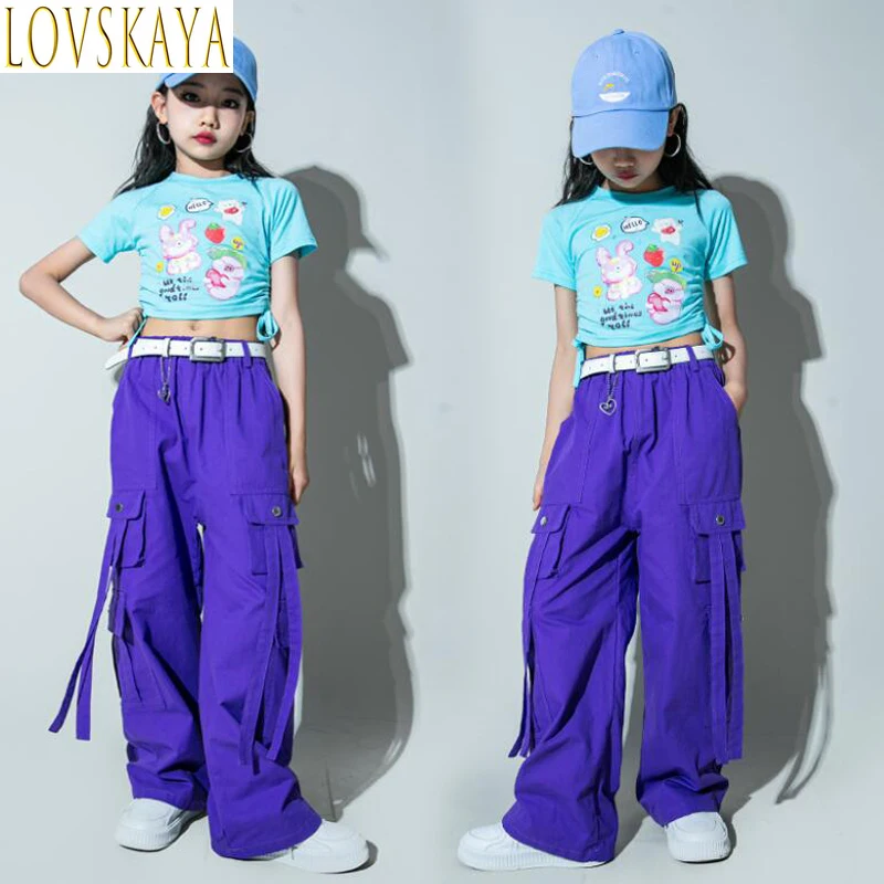 Girls street jazz clothing cut vest V shirt purple hip-hop jogging pants youth show dance clothing children's clothing