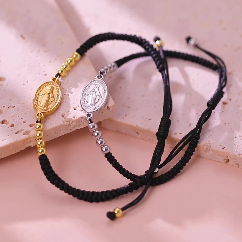 Skyrim Edelstahl Jungfrau Maria Charm-Armband Schwarz-Rotes Geflochtenes Seil-Armband Mutter Gottes Katholischer Gesegneter Schmuck Geschenk