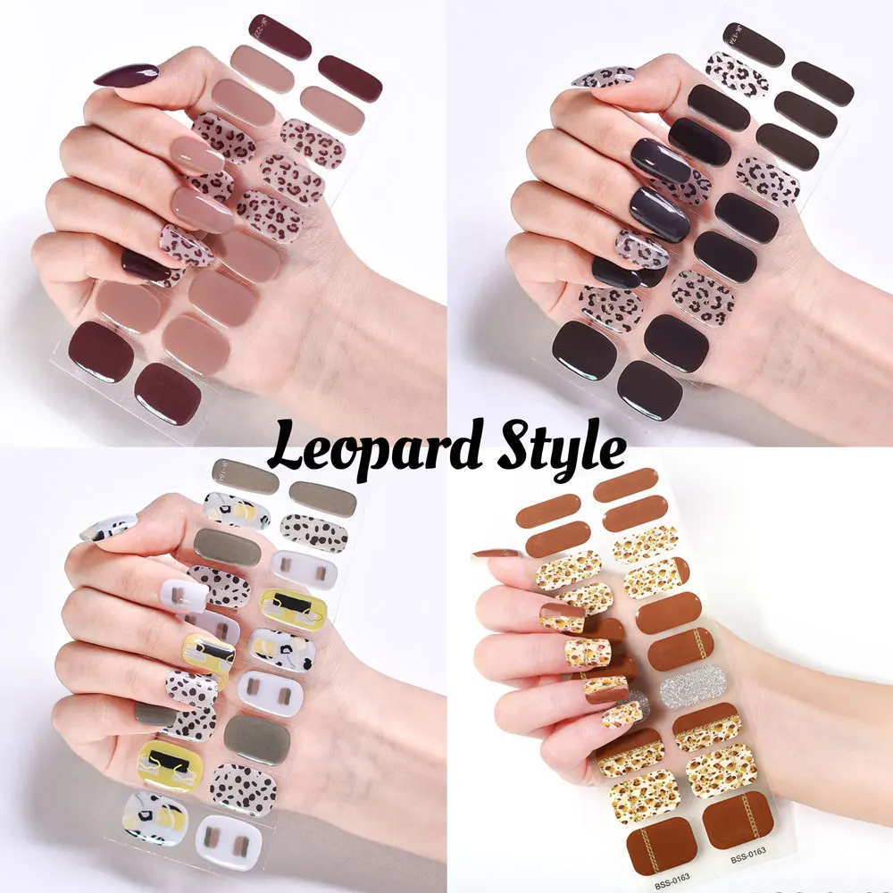 

New Semi-cured Leopard print Nail Wraps Glitter Gel Lasting Eco-friendly Manicure UV Lamp Need Nail Sticker Hard Finger Decals