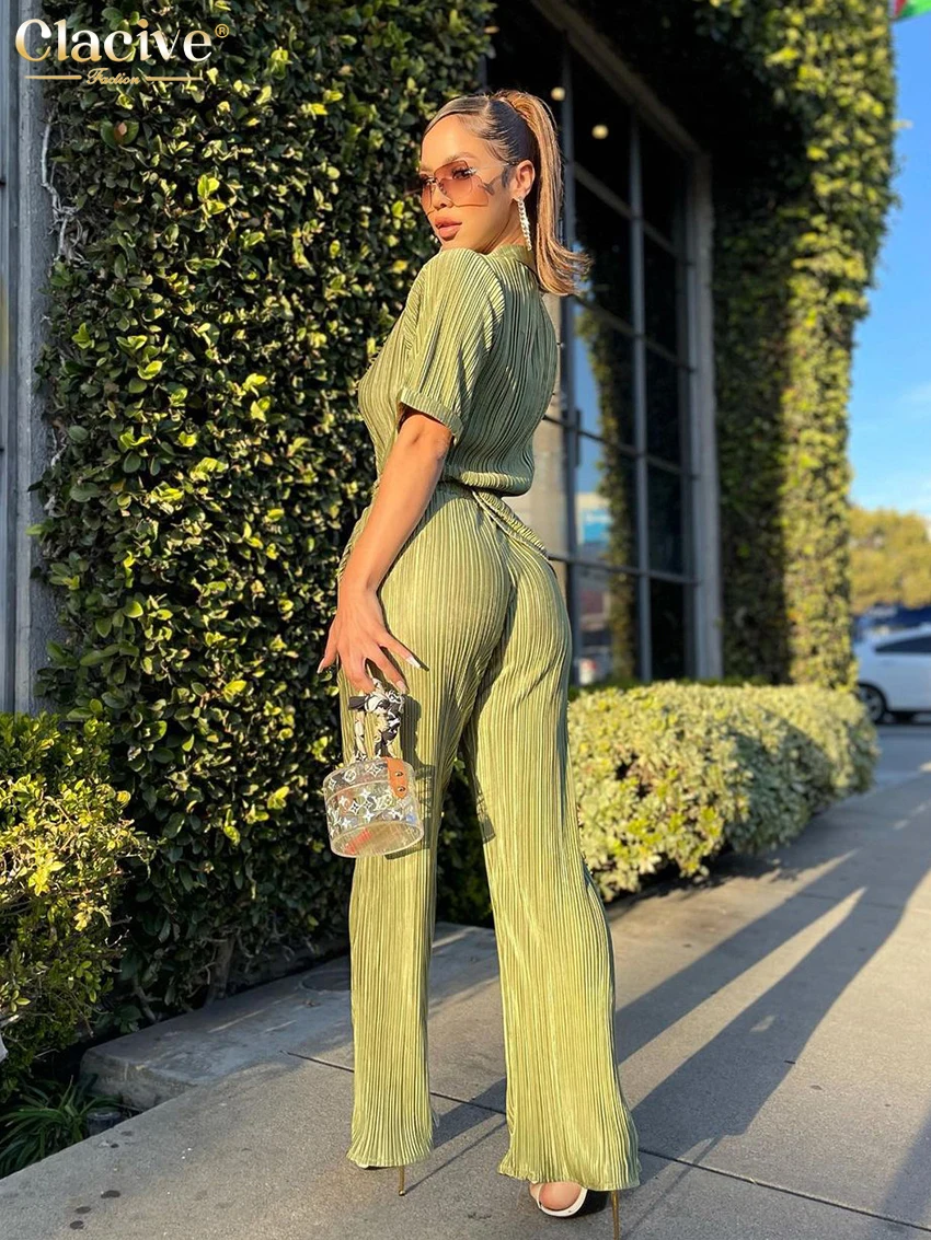 Clacive Summer Short Sleeve Shirts Set Woman 2 Pieces Sexy Green Pleated Trouser Suits Female Casual High Waist Wide Pants Set