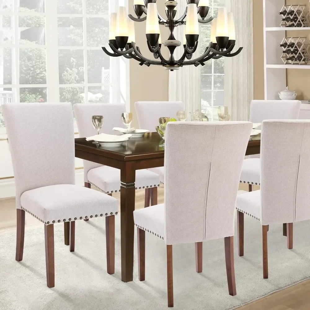 Dining Chairs Set of 6, Upholstered Nailhead Dining Room Kitchen Side Chair with Thick Cushions and Wood Legs, Beige image 4