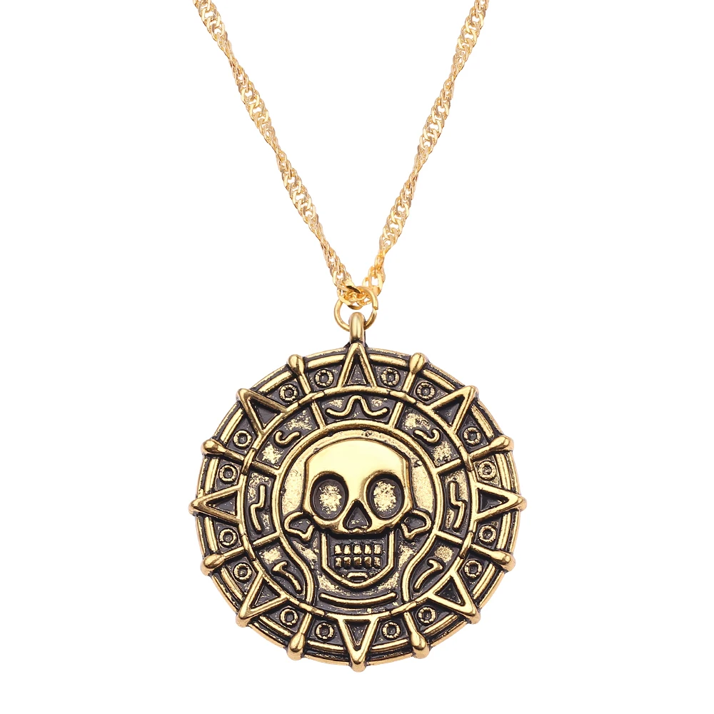 

Pirates Of The Caribbean Necklace Jack Sparrow Aztec Skeleton Skull Heads Pendant Coin Medallion Vintage Jewelry Accessories