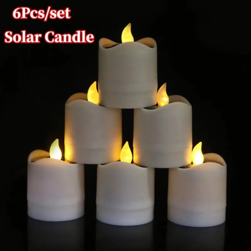 Solar Powered LED Candle Light, Yellow Flicker Tea Lamp, Decoração de Natal, Festival, Casamento, Decoração Romântica, 6pcs