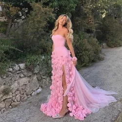 Gorgeous 3D Flowers Prom Dress Pink Fashion Strapless Side Split A-Line Party Gowns Elegant Sweep Train Catwalk Evening Dress