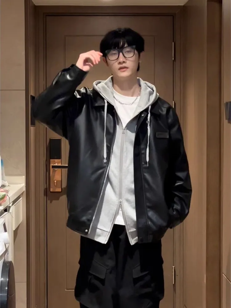 

Мужская кожаная куртка American Sle Bla в бейсбольном стиле с отложным воротником, весенне-осенняя верхняя одежда, дизайн с лейблом