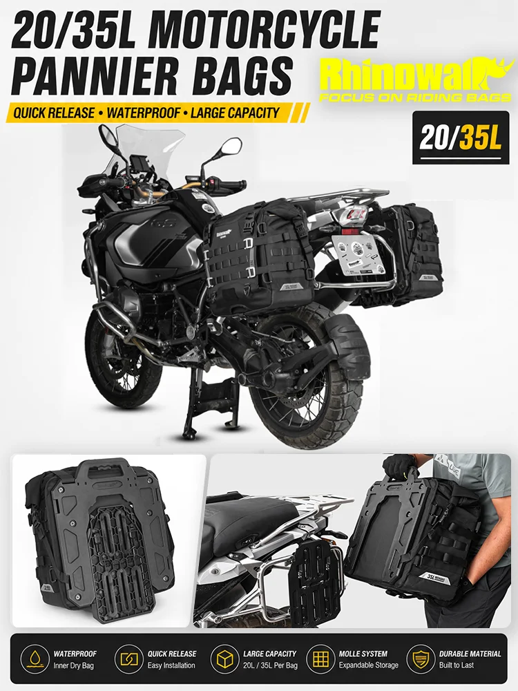 Rhinowalk Motorcycle Quick Release Side Bag 35L/20L Waterproof Adventure Pannier 1680D Oxford MOLLE Touring Luggage MJX2004