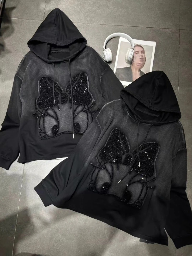 Hooded Embroidered Sequins Design Cute Sweatshirt Coat Women's 2025 Autumn New Korean Style Loose Top Long-sleeved Hooded Jacket