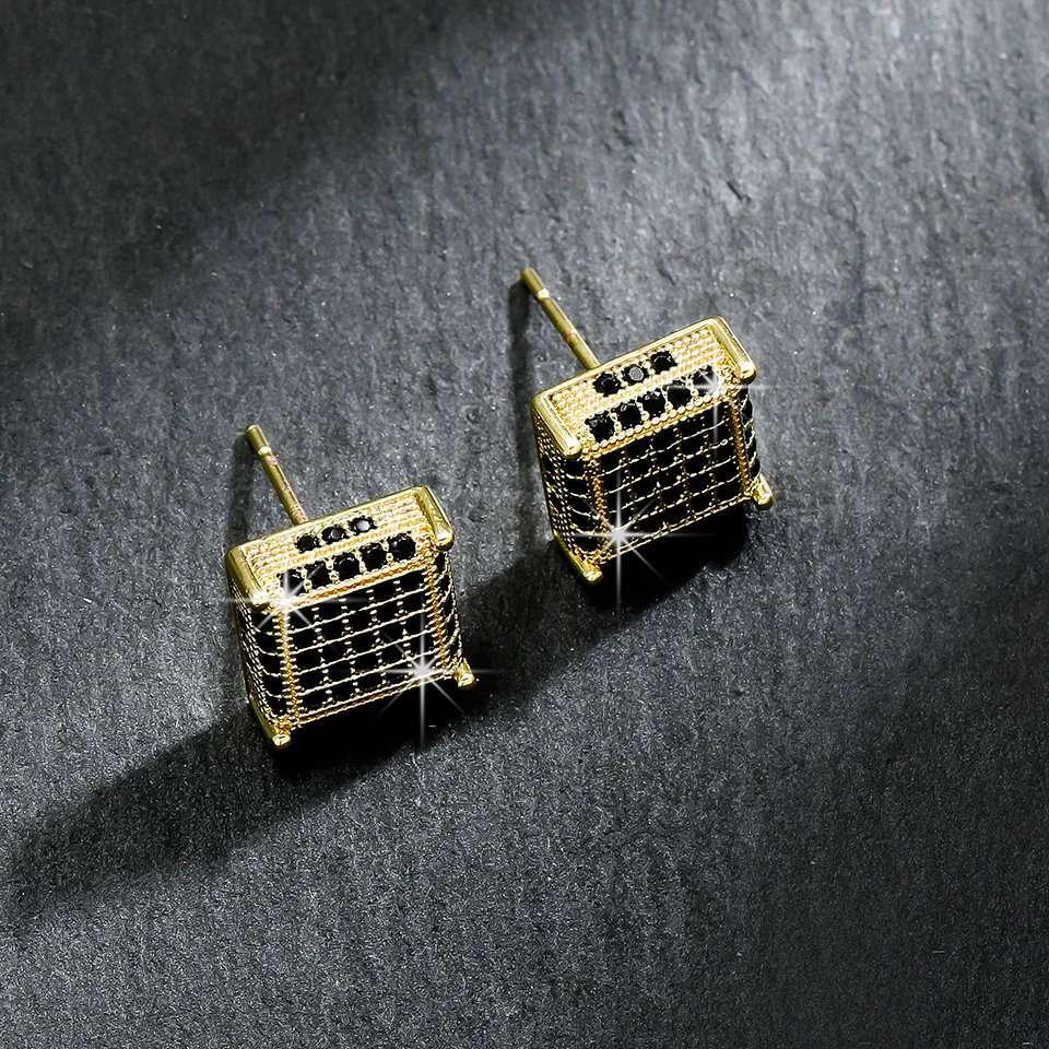 TrendMen Hiphop Rock Square Cubic Copper Zirconia Stud Earrings For Men Boy Gold Color Metal Crystal Earring Party Ear Jewelry